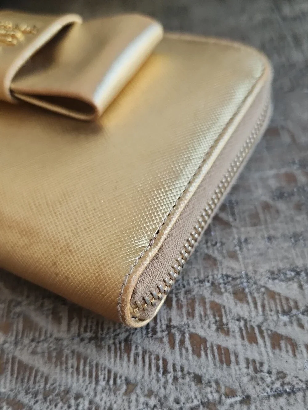 Prada Metallic Gold Bow Zip-Around Wallet